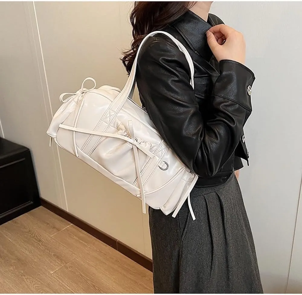Bow Tie Leather Shoulder Purse for Women Bowknot Y2k Boston Bag with Pockets Handbag Coquette Stuff