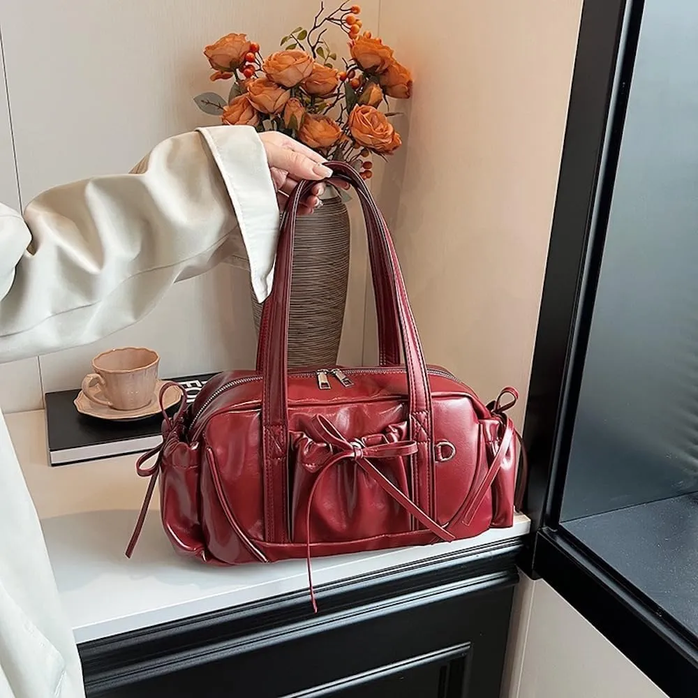 Bow Tie Leather Shoulder Purse for Women Bowknot Y2k Boston Bag with Pockets Handbag Coquette Stuff