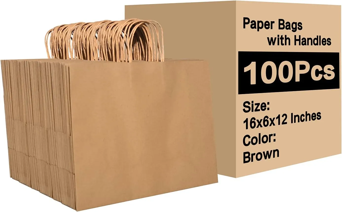 Brothersbox Large Brown Paper Bags with Handles 100PCS Kraft Gift Bags Bulk, 16 * 6 * 12 Inch for Birthday Party Grocery Retail Shopping Business