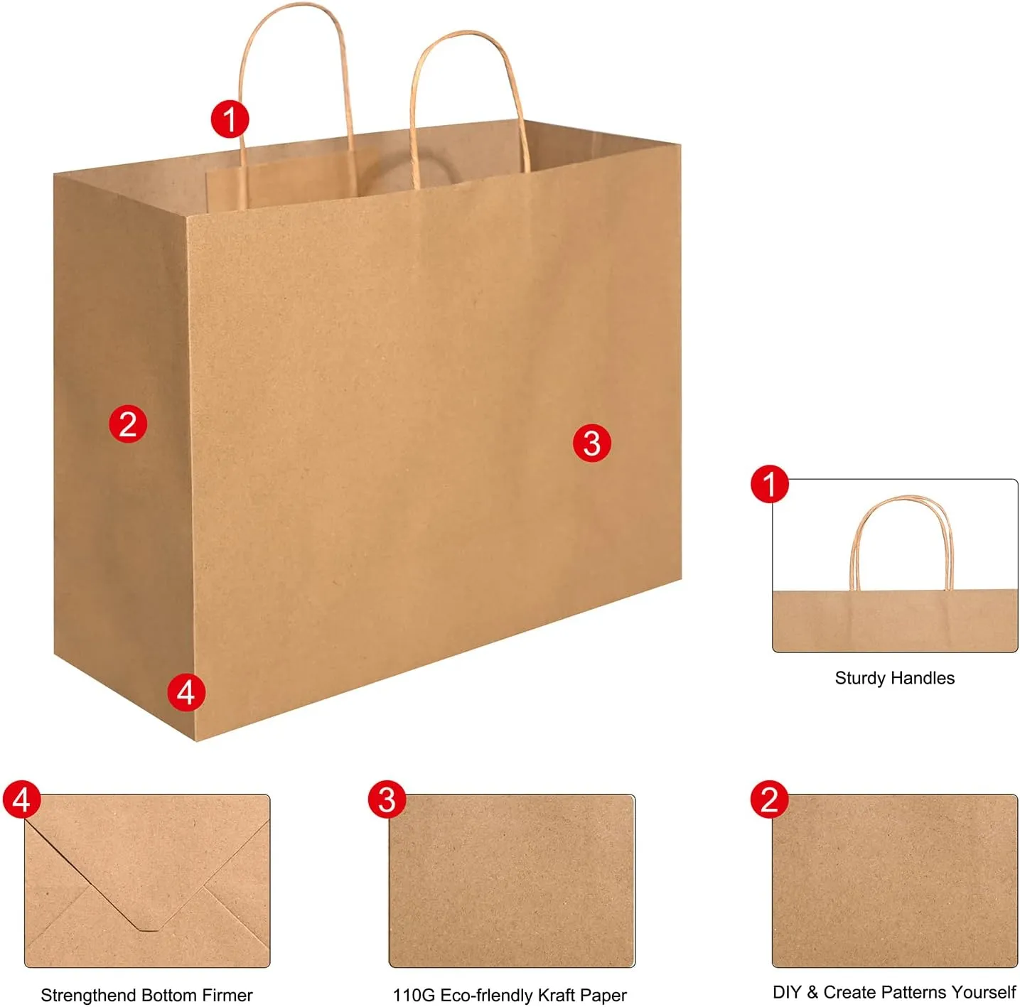 Brothersbox Large Brown Paper Bags with Handles 100PCS Kraft Gift Bags Bulk, 16 * 6 * 12 Inch for Birthday Party Grocery Retail Shopping Business
