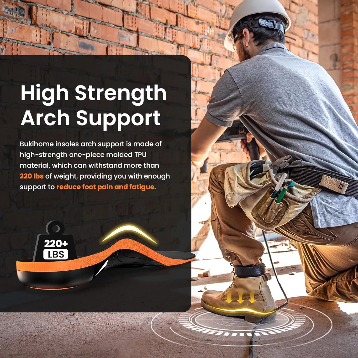 Bukihome Work Boot Insoles & Inserts - High Arch Support Insoles for Standing All Day- Heel Cups & Shoe Inserts for Plantar Fasciitis, Flat Feet, Achilles Tendonitis, Heel Pain