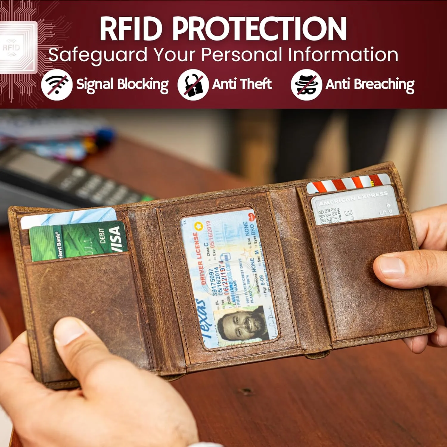 BULL GUARD Best Leather Men's RFID Trifold Wallet With ID Great Outdoor Wallet