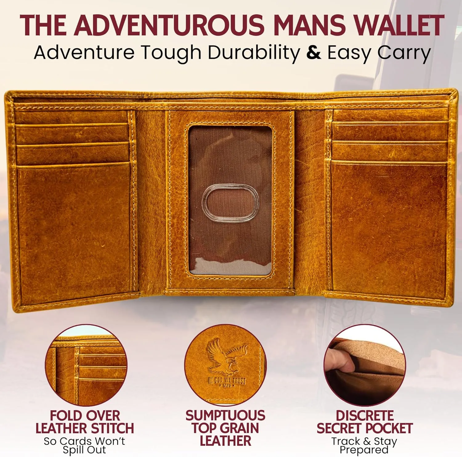 BULL GUARD Best Leather Men's RFID Trifold Wallet With ID Great Outdoor Wallet