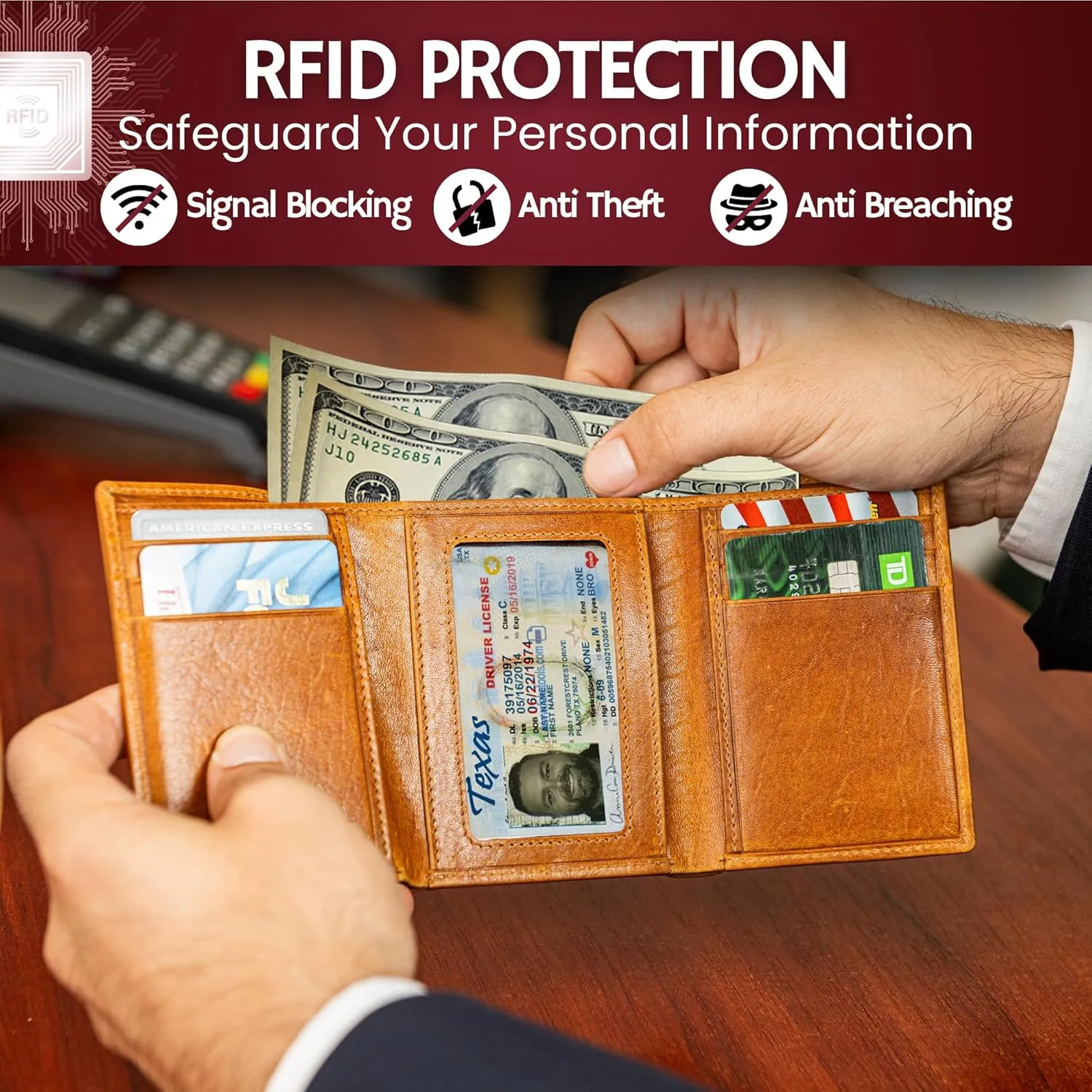 BULL GUARD Best Leather Men's RFID Trifold Wallet With ID Great Outdoor Wallet