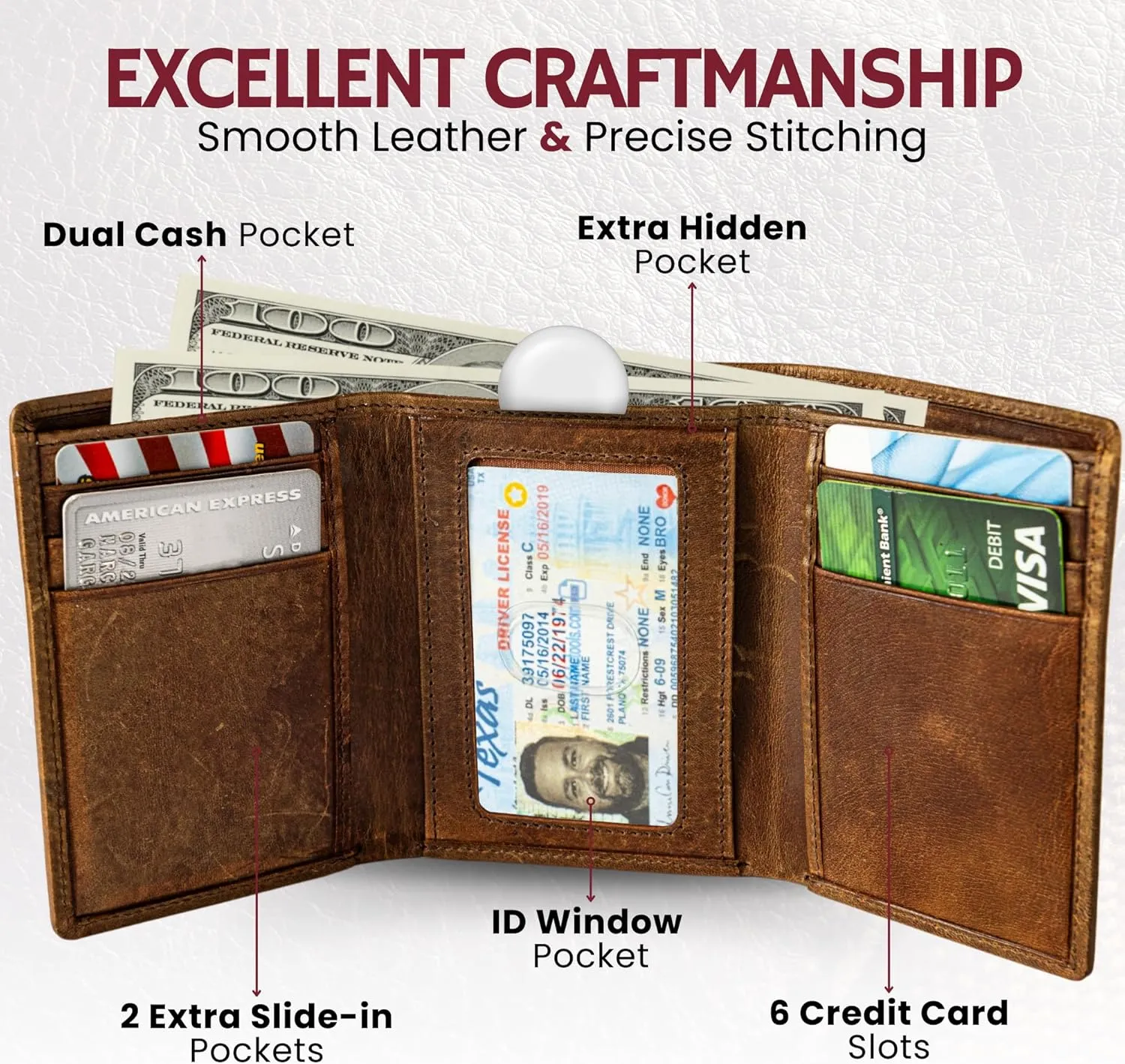 BULL GUARD Best Leather Men's RFID Trifold Wallet With ID Great Outdoor Wallet