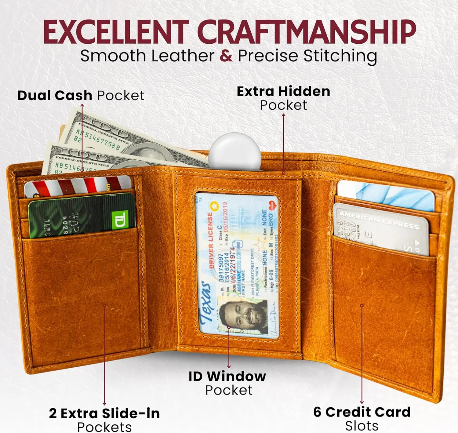 BULL GUARD Best Leather Men's RFID Trifold Wallet With ID Great Outdoor Wallet