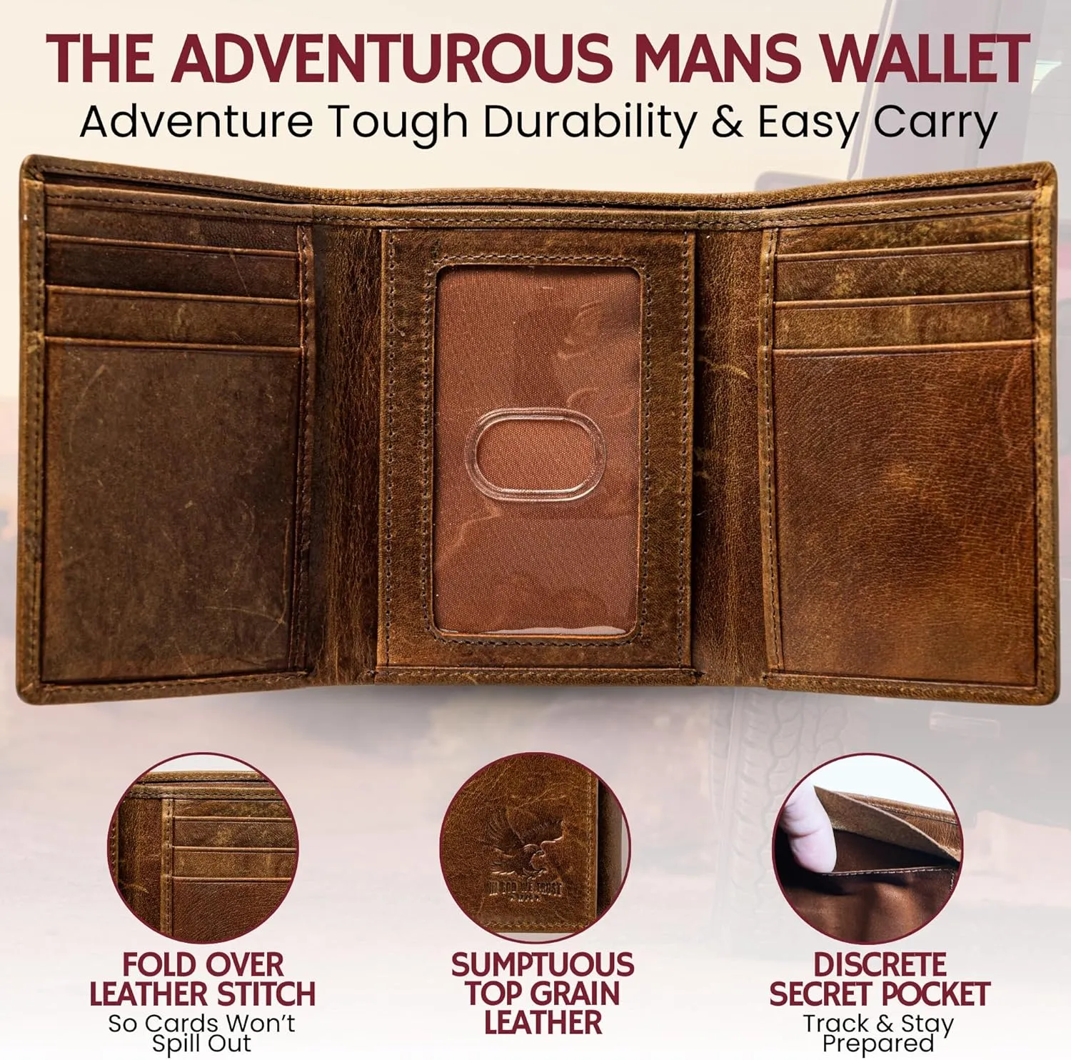 BULL GUARD Best Leather Men's RFID Trifold Wallet With ID Great Outdoor Wallet