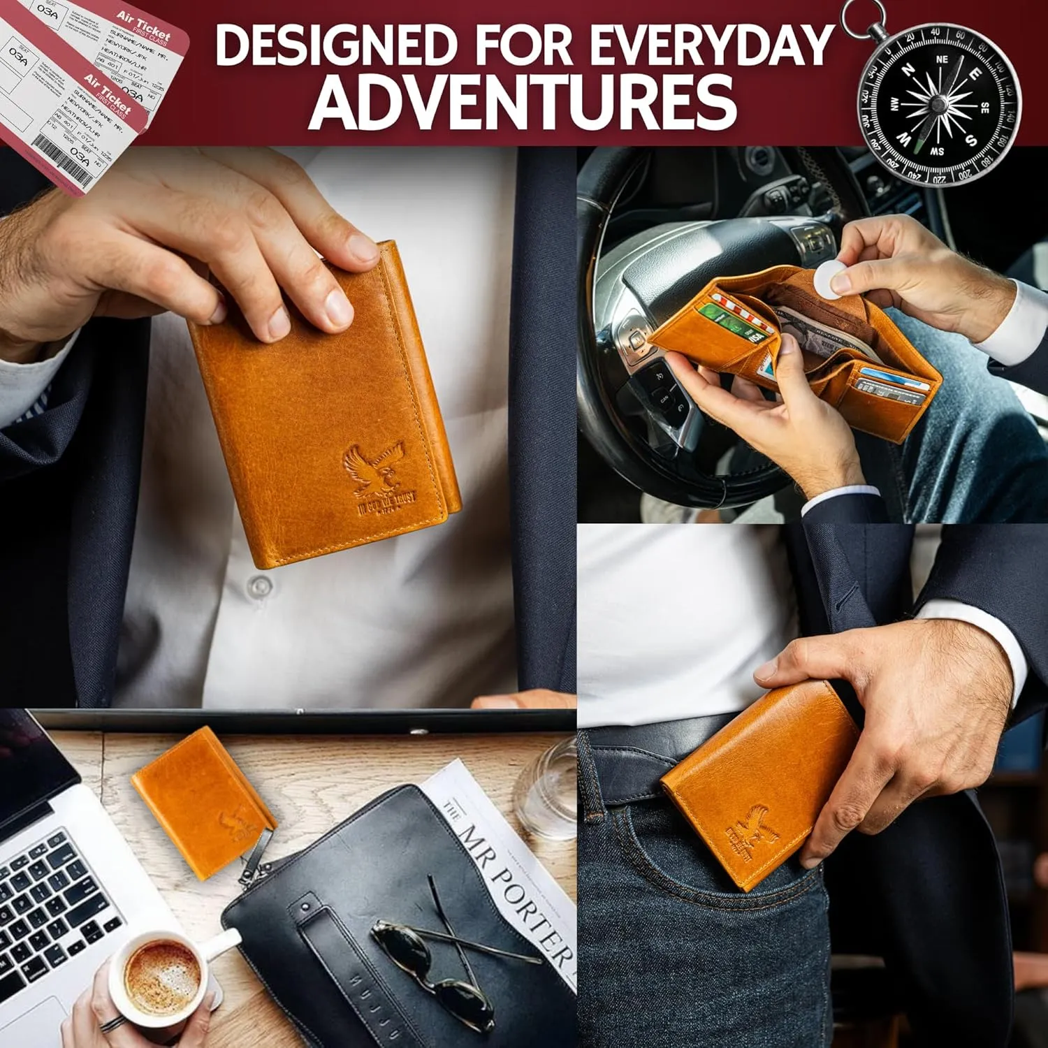 BULL GUARD Best Leather Men's RFID Trifold Wallet With ID Great Outdoor Wallet