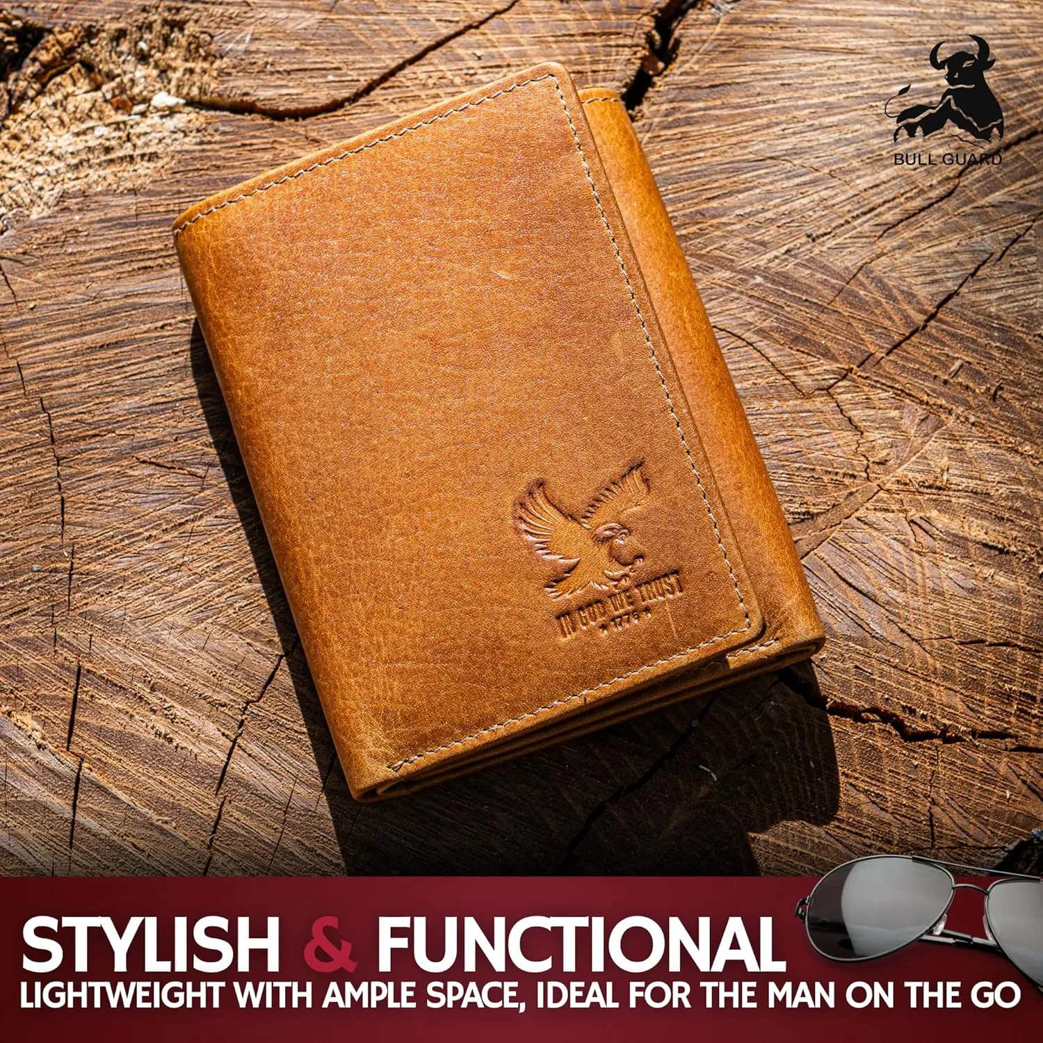 BULL GUARD Best Leather Men's RFID Trifold Wallet With ID Great Outdoor Wallet