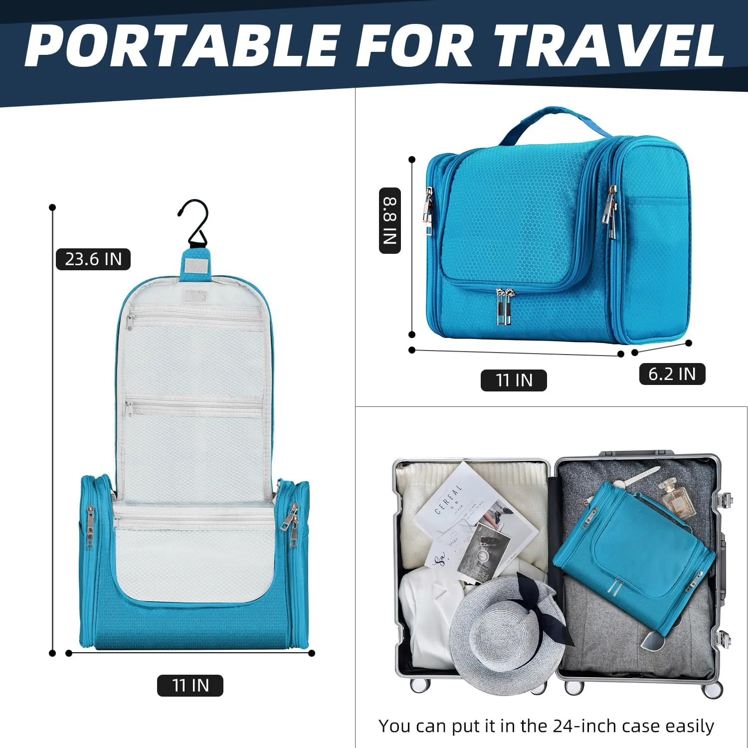 Buruis Large Capacity Toiletry Bag for Women and Men, Hanging Toiletry Organizer Cosmetics Makeup Bag, Water-resistant Dopp Kit Shaving Bags for Full Sized Toiletries, Travel Essentials (Light Blue)