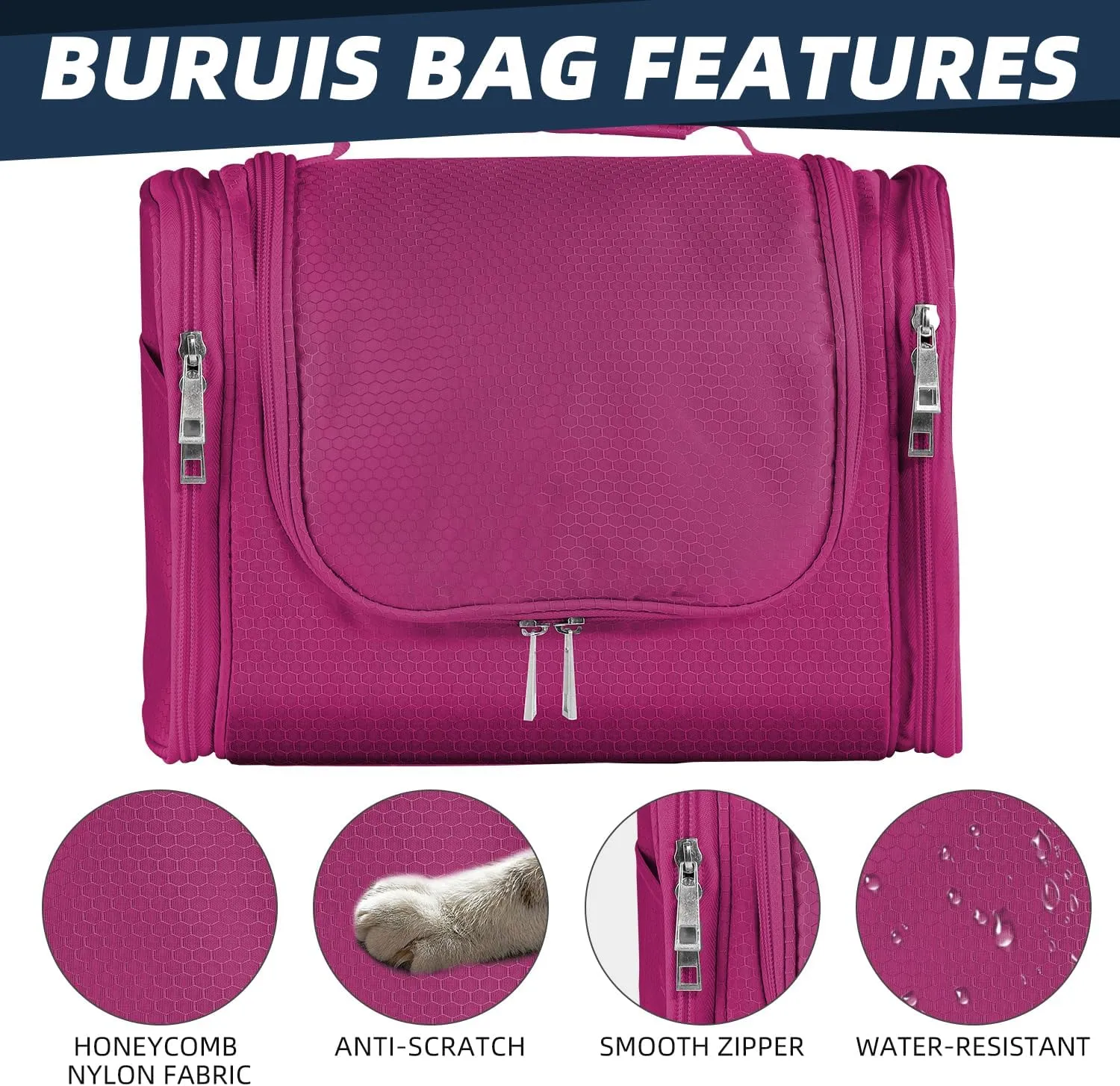 Buruis Large Capacity Waterproof Toiletry Bag for Women, Hanging Toiletry Organizer, 11"x 6.2"x 8.8", Fushcia