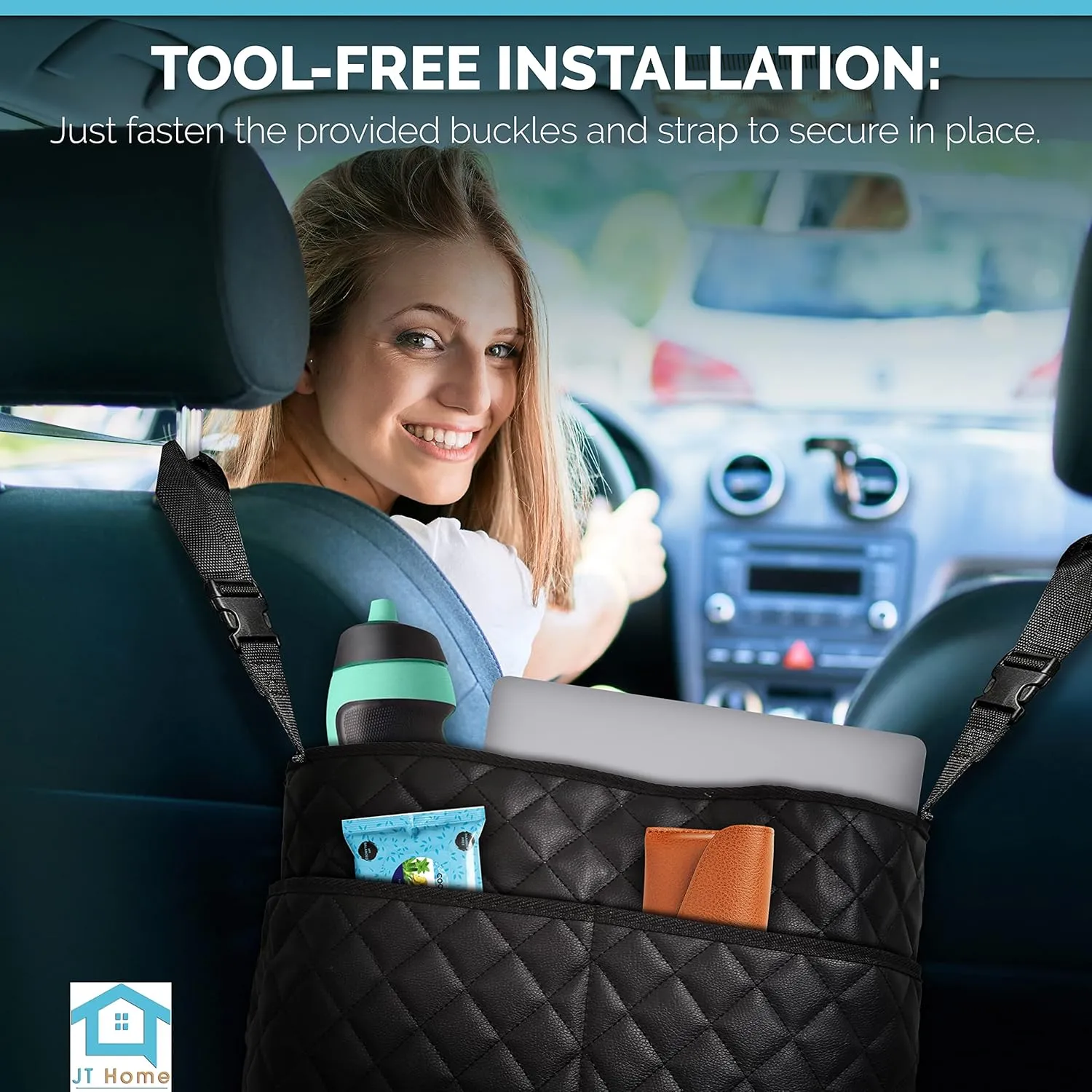 Car Net Pocket Handbag Holder Between Seats, Luxury Quilted PU Leather Purse Car Organizer With 2 Extra Pockets For Storage, Black