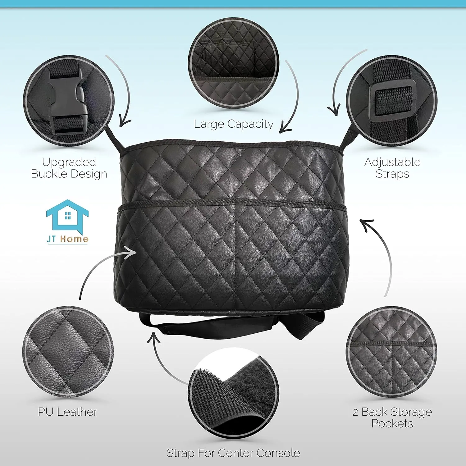 Car Net Pocket Handbag Holder Between Seats, Luxury Quilted PU Leather Purse Car Organizer With 2 Extra Pockets For Storage, Black