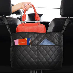 Car Net Pocket Handbag Holder Between Seats, Luxury Quilted PU Leather Purse Car Organizer With 2 Extra Pockets For Storage, Black