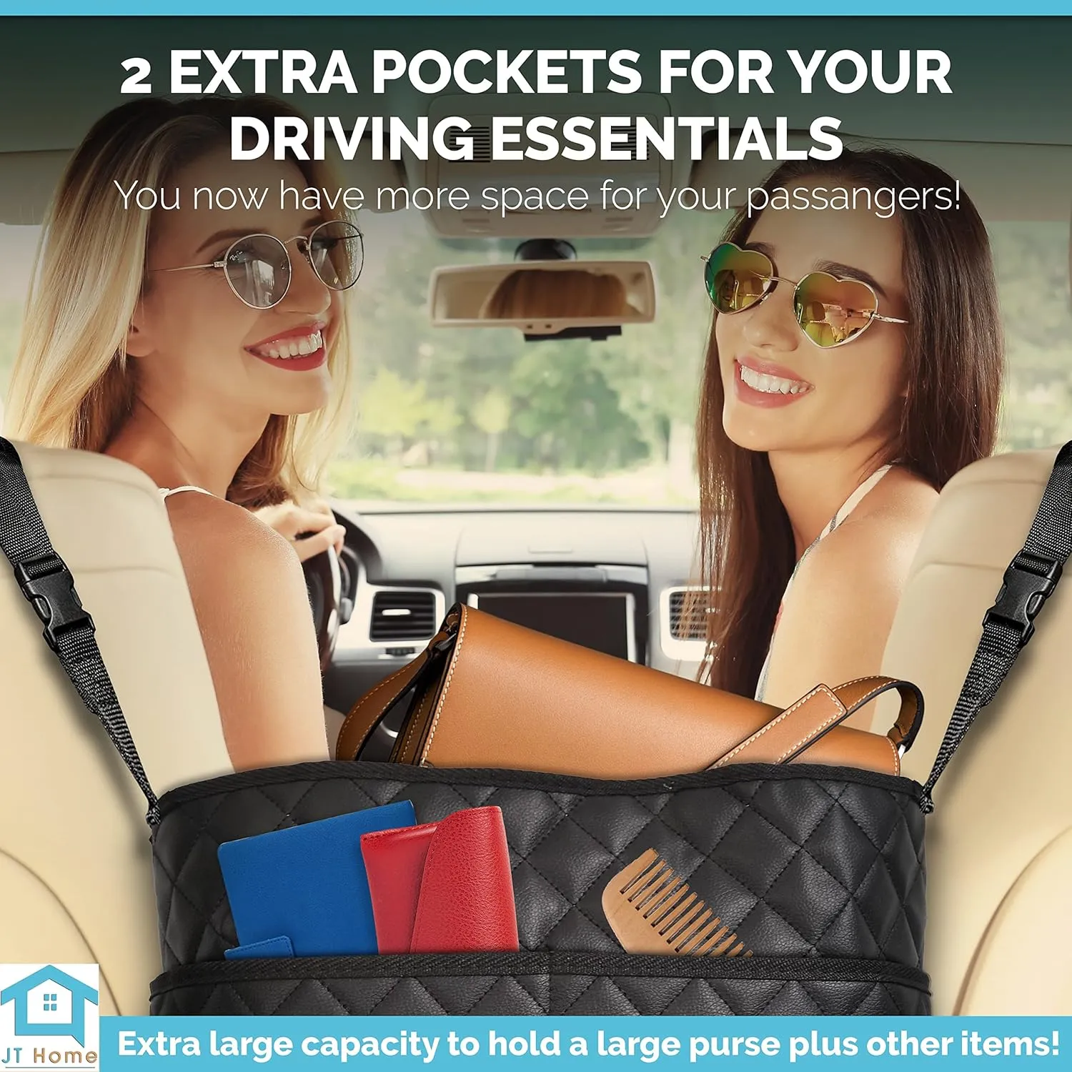Car Net Pocket Handbag Holder Between Seats, Luxury Quilted PU Leather Purse Car Organizer With 2 Extra Pockets For Storage, Black