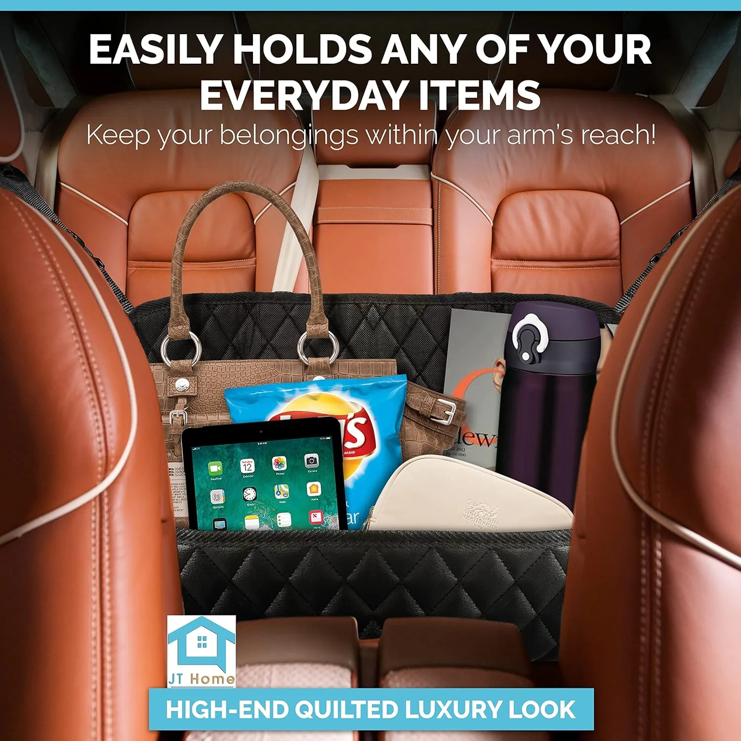 Car Net Pocket Handbag Holder Between Seats, Luxury Quilted PU Leather Purse Car Organizer With 2 Extra Pockets For Storage, Black