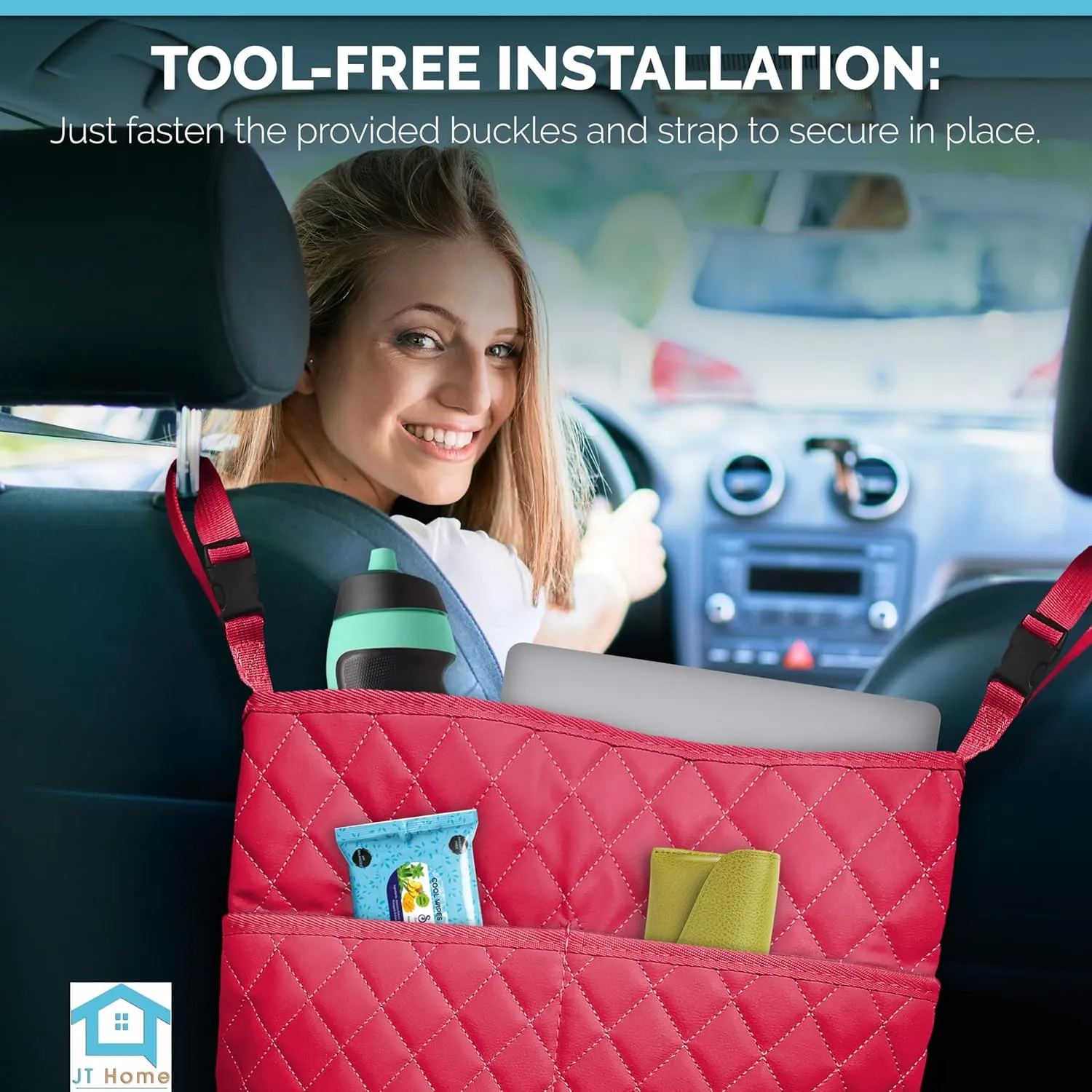 Car Net Pocket Handbag Holder Between Seats, Luxury Quilted PU Leather Purse Car Organizer With 2 Extra Pockets For Storage, Red