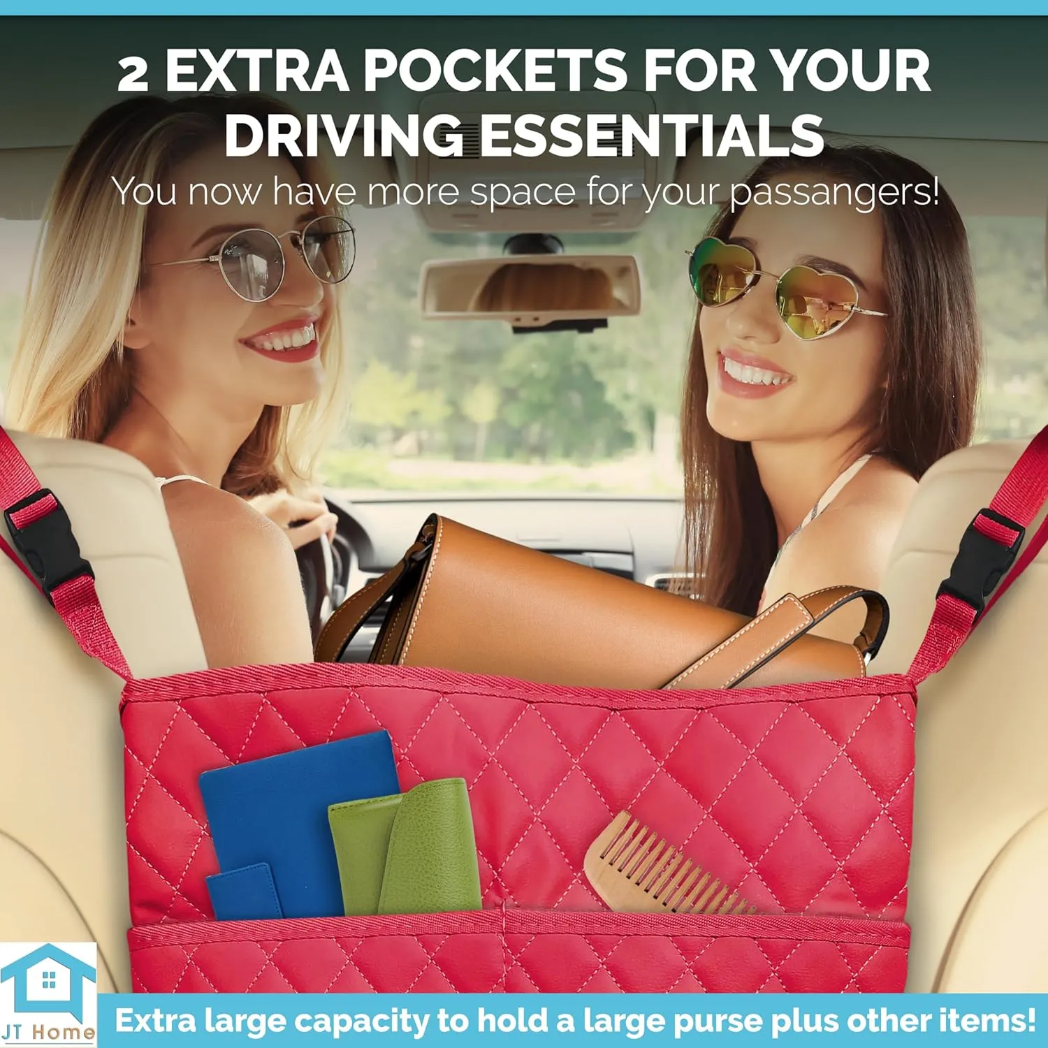 Car Net Pocket Handbag Holder Between Seats, Luxury Quilted PU Leather Purse Car Organizer With 2 Extra Pockets For Storage, Red
