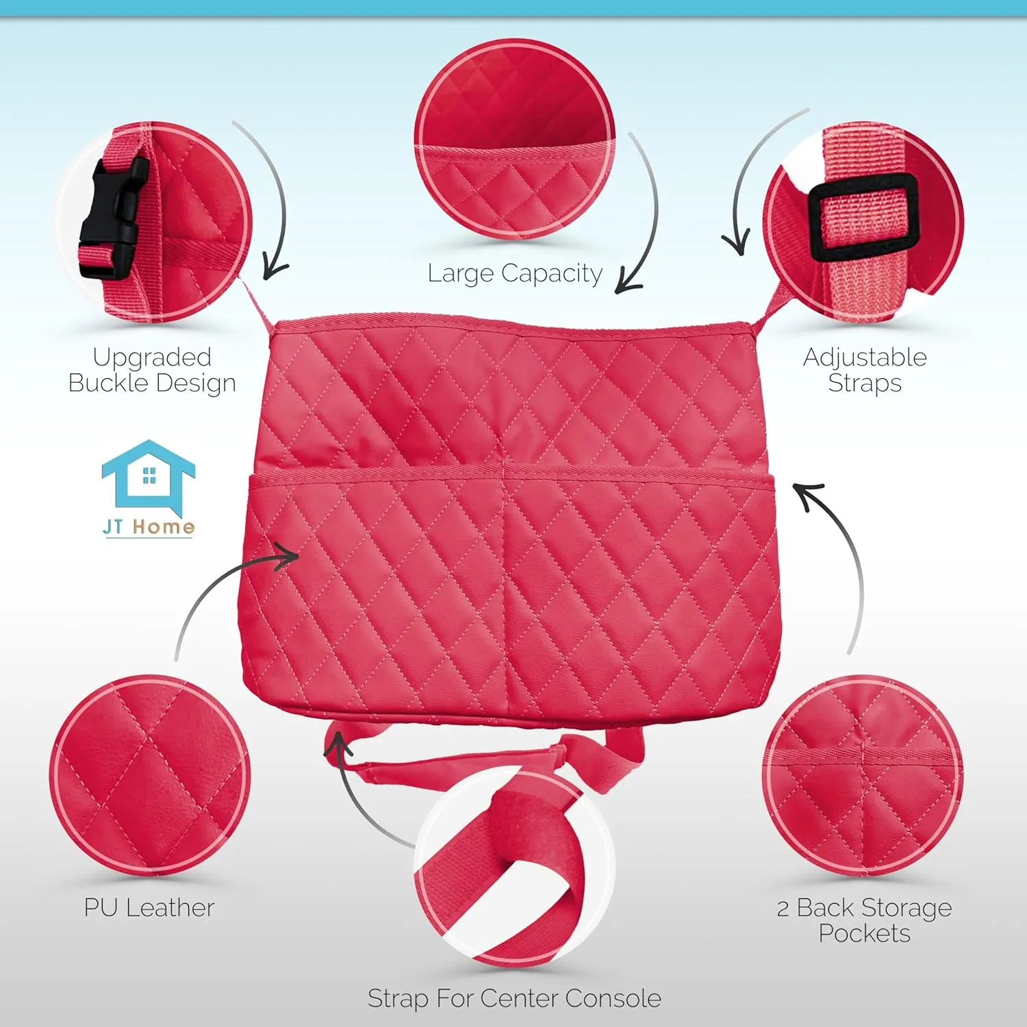Car Net Pocket Handbag Holder Between Seats, Luxury Quilted PU Leather Purse Car Organizer With 2 Extra Pockets For Storage, Red