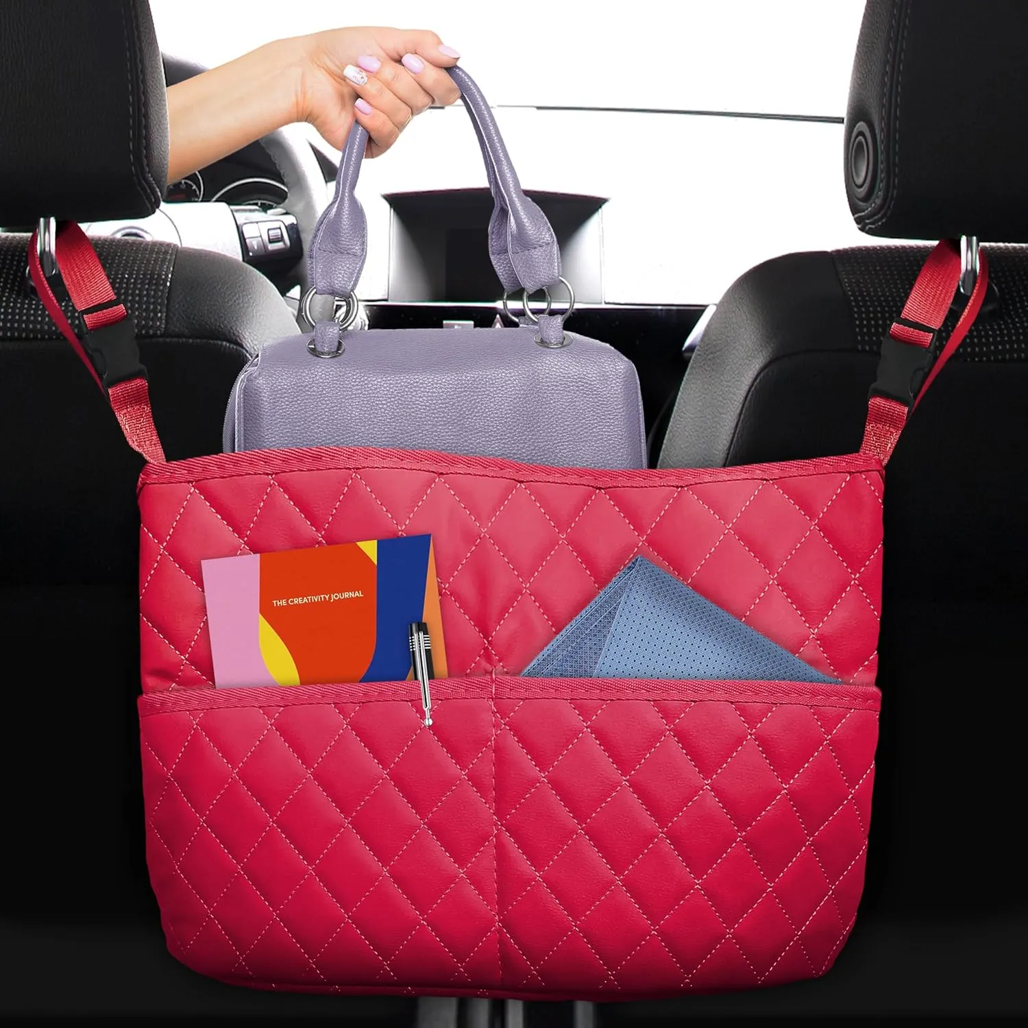 Car Net Pocket Handbag Holder Between Seats, Luxury Quilted PU Leather Purse Car Organizer With 2 Extra Pockets For Storage, Red
