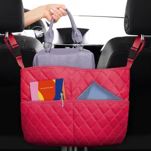 Car Net Pocket Handbag Holder Between Seats, Luxury Quilted PU Leather Purse Car Organizer With 2 Extra Pockets For Storage, Red