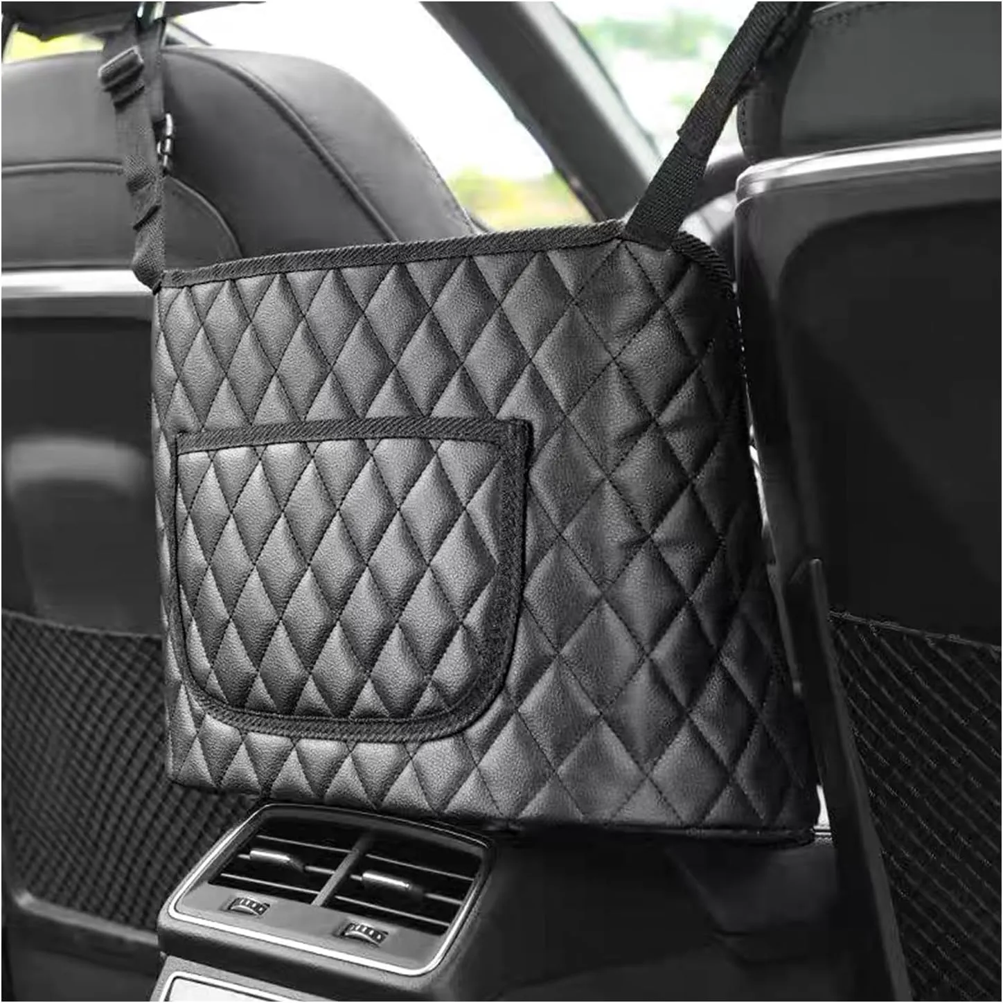 Car Purse Holder Between Seats, Leather Auto Front Seat Handbag Organizer Pocket, Universal Large Capacity Seat Bag Box Storage, Vehicle Interior Backseat Barrier for Kids Pet