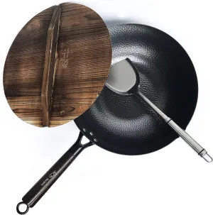 Carbon Steel Wok For Electric, Induction and Gas Stoves (Lid, Spatula and User Guide Video Included)