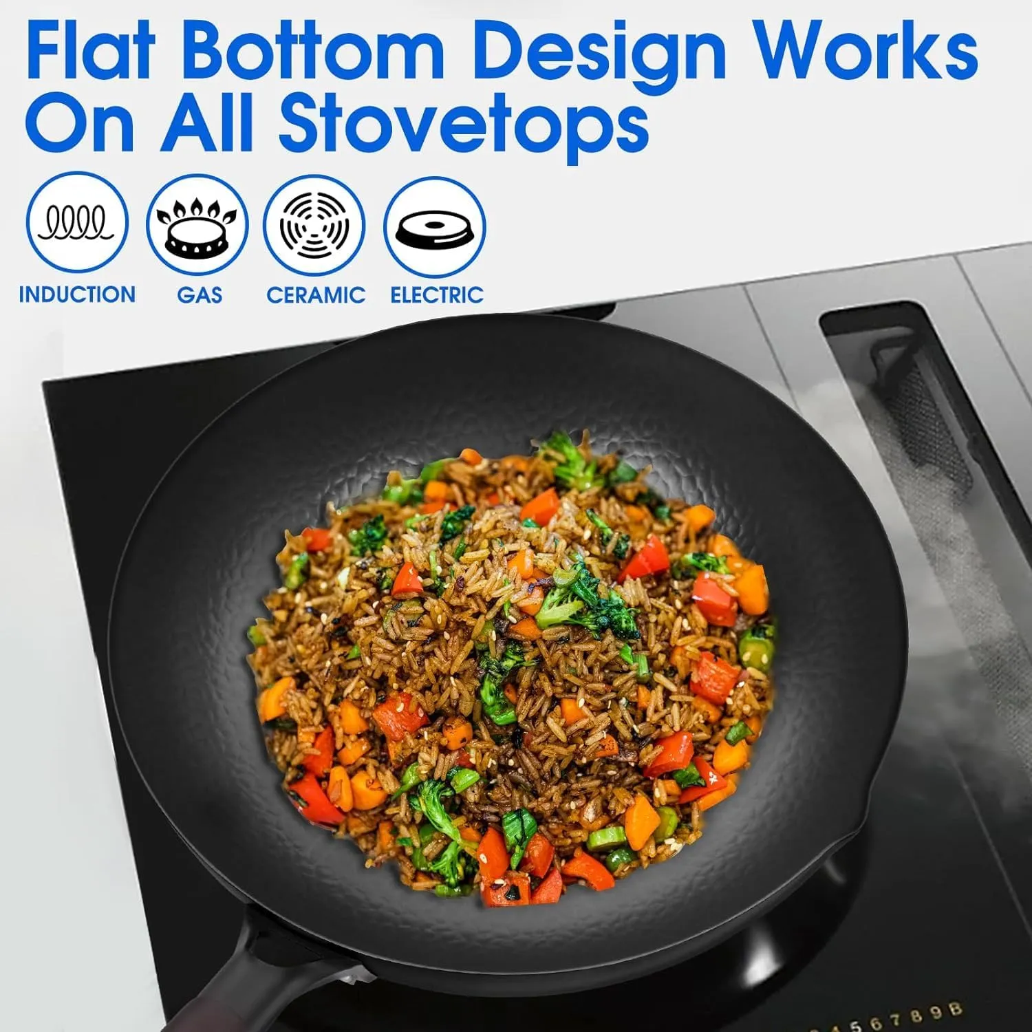 Carbon Steel Wok For Electric, Induction and Gas Stoves (Lid, Spatula and User Guide Video Included)