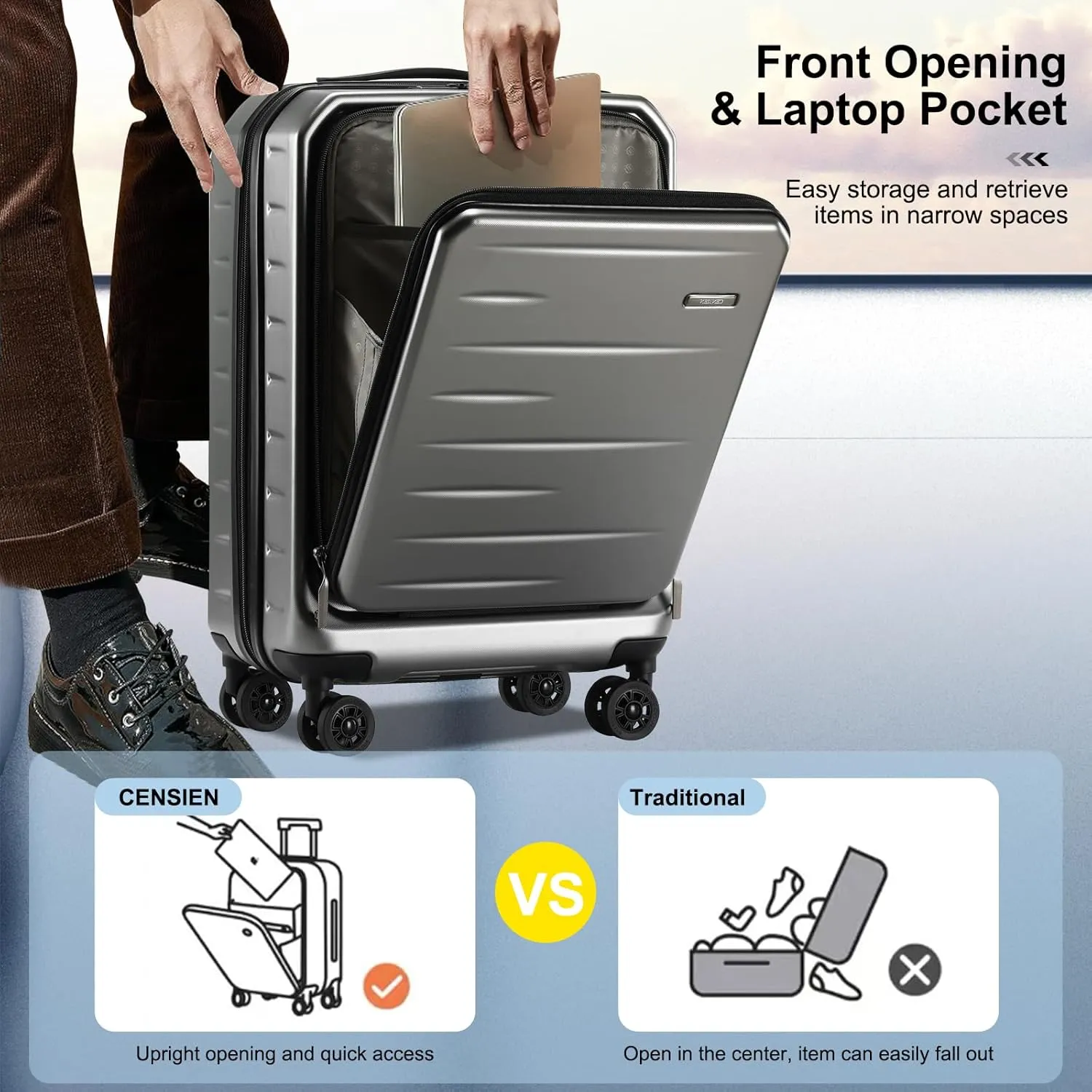 Carry On Luggage 22×14×9 Airline Approved, 20 Inch Lightweight ABS PC Hard Shell Suitcases with Front Pocket, Spinner Wheels, TSA Lock (Dark Gray, 1PC)