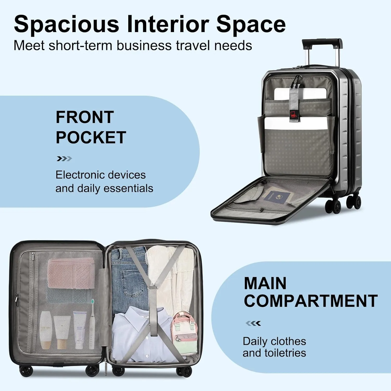 Carry On Luggage 22×14×9 Airline Approved, 20 Inch Lightweight ABS PC Hard Shell Suitcases with Front Pocket, Spinner Wheels, TSA Lock (Dark Gray, 1PC)