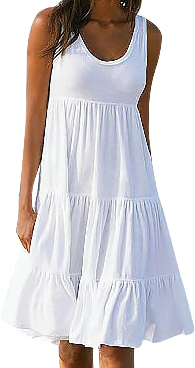 Casual Dresses for Women 2024 Elegant Smocked Tiered Ruffle Tank Dress Summer Fashion Sleeveless Beach Midi Sundress