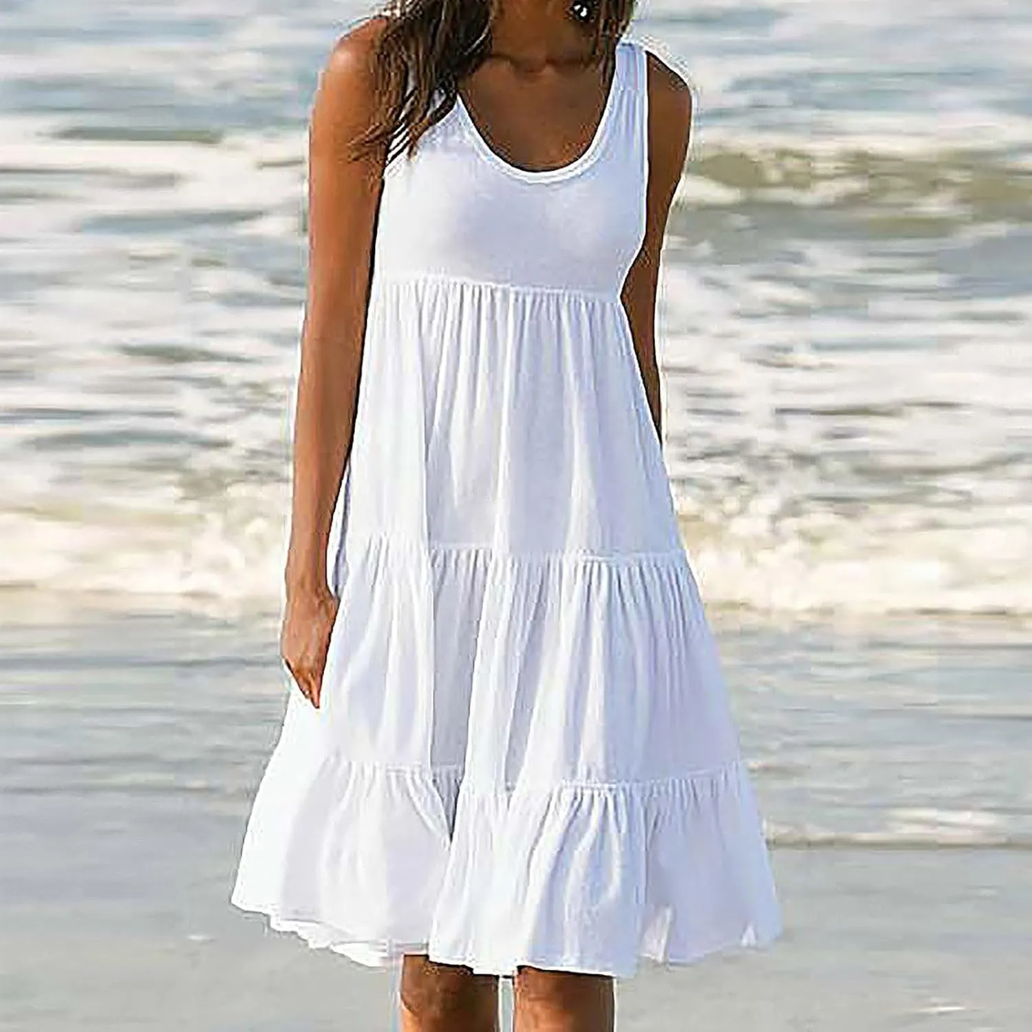 Casual Dresses for Women 2024 Elegant Smocked Tiered Ruffle Tank Dress Summer Fashion Sleeveless Beach Midi Sundress
