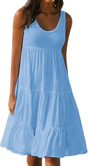 Casual Dresses for Women 2024 Elegant Smocked Tiered Ruffle Tank Dress Summer Fashion Sleeveless Beach Midi Sundress