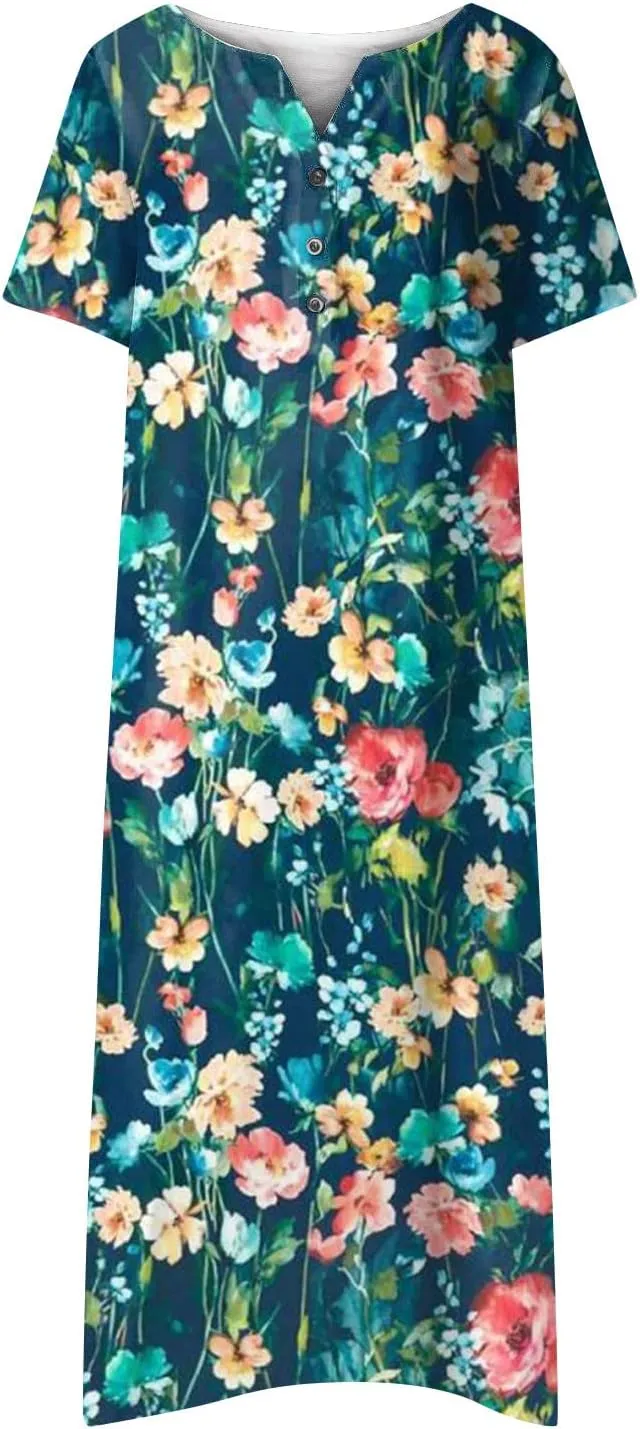 Ceboyel Women Marble Print Spring Dress Short Sleeve Casual Maxi Dress V Neck Pocket Long Dress Trendy Beach Vacation Outfits