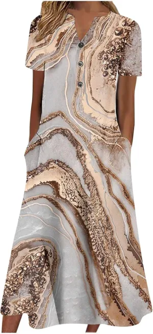 Ceboyel Women Marble Print Spring Dress Short Sleeve Casual Maxi Dress V Neck Pocket Long Dress Trendy Beach Vacation Outfits