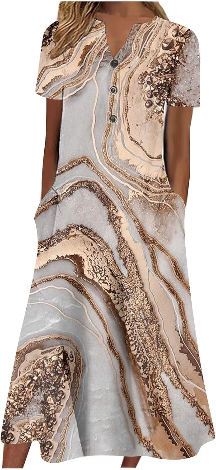 Ceboyel Women Marble Print Spring Dress Short Sleeve Casual Maxi Dress V Neck Pocket Long Dress Trendy Beach Vacation Outfits