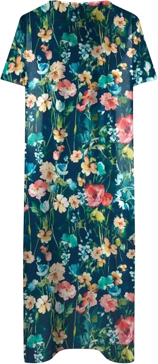 Ceboyel Women Marble Print Spring Dress Short Sleeve Casual Maxi Dress V Neck Pocket Long Dress Trendy Beach Vacation Outfits