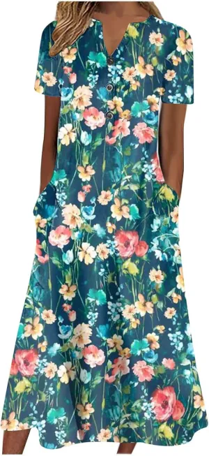 Ceboyel Women Marble Print Spring Dress Short Sleeve Casual Maxi Dress V Neck Pocket Long Dress Trendy Beach Vacation Outfits