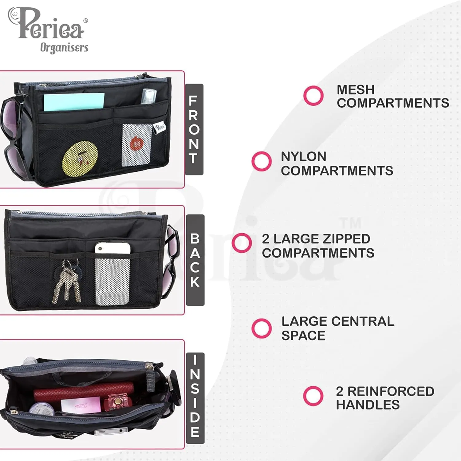 Chelsy Premium Rigid Purse or Organizer Insert (Small, Black with Neon Orange Zip)