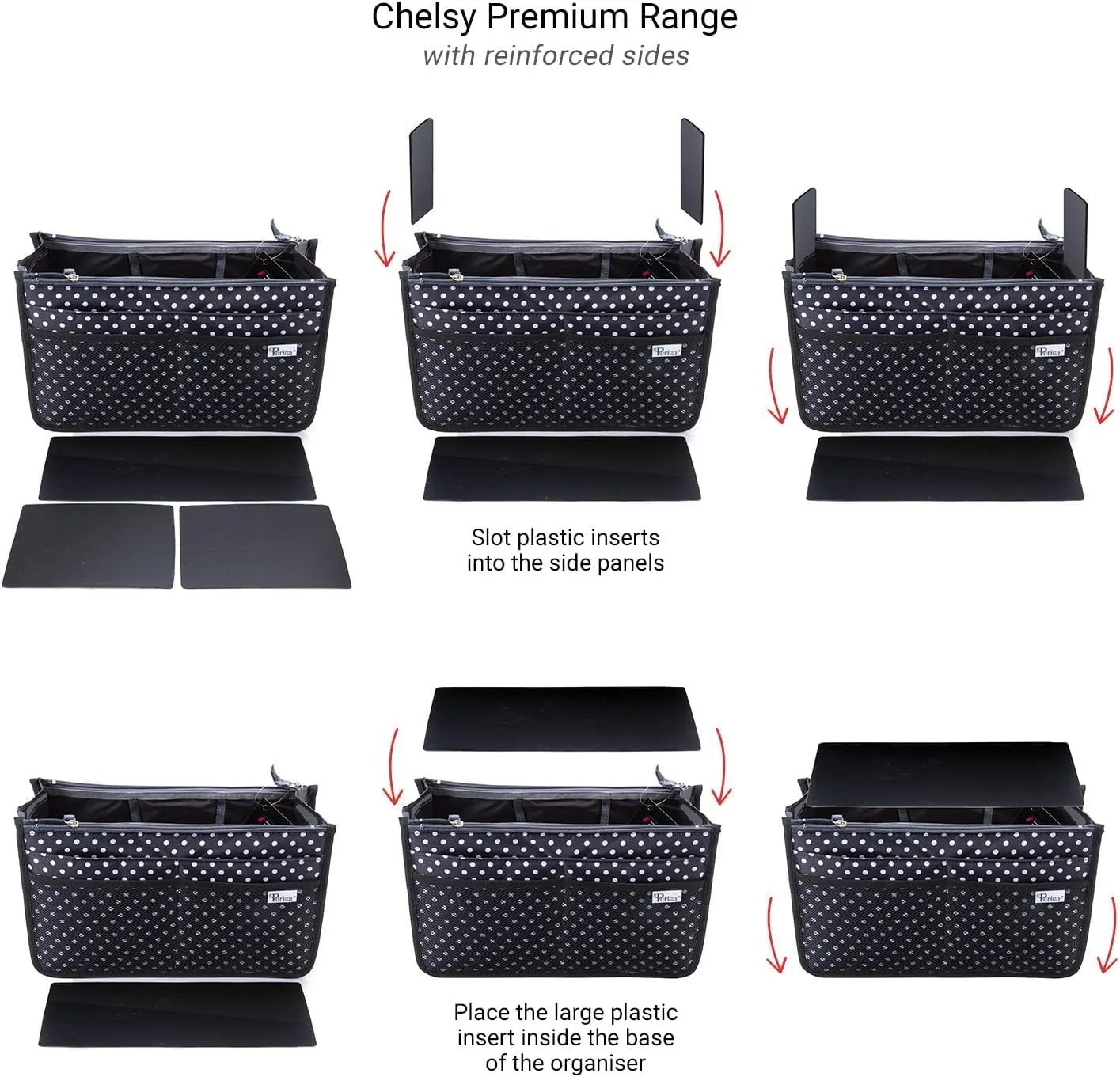 Chelsy Premium Rigid Purse or Organizer Insert (Small, Black with Neon Orange Zip)