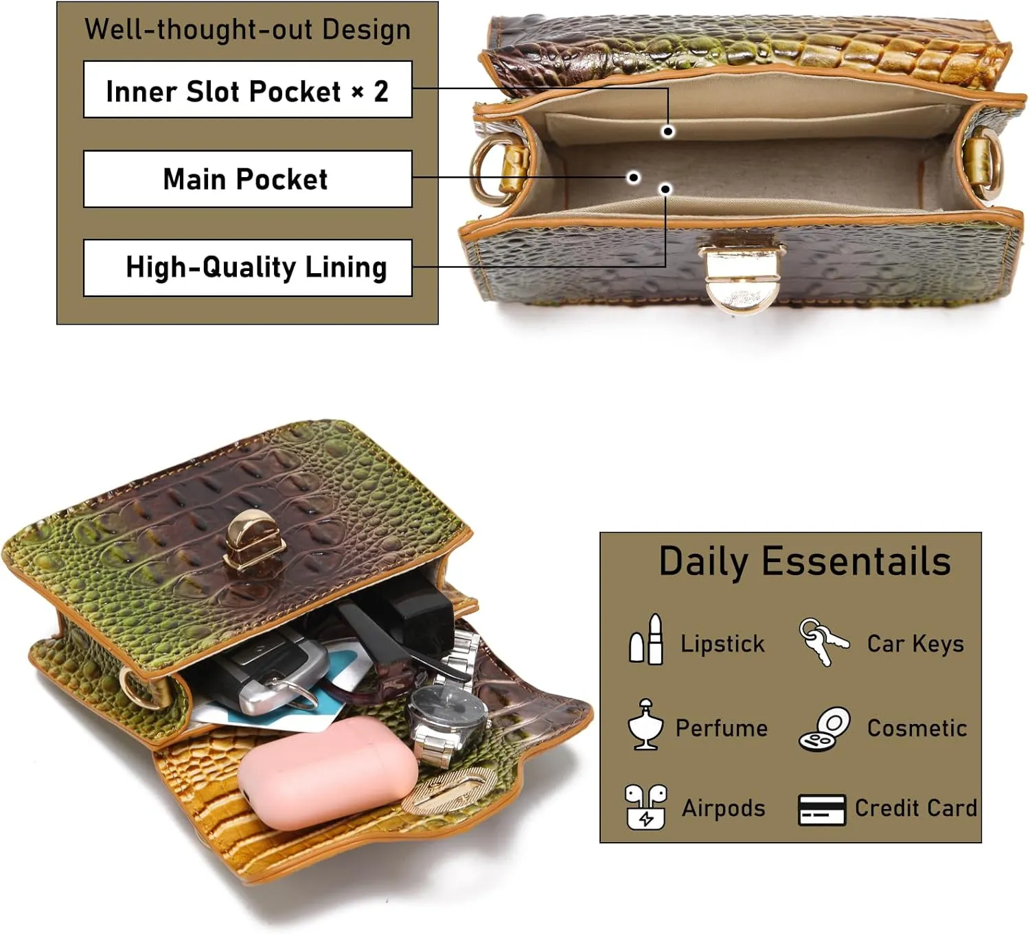 Chic Women Crocodile Leather bags Mini Top-Handle Clutch Compact Evening Bag Stylish Accessory for Essentials