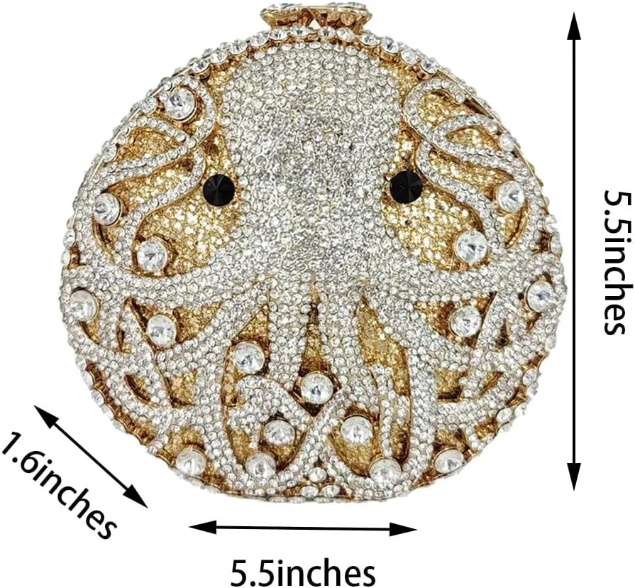Chic Women Octopus Clutch Round Purse Mini Crystal Evening Bag Animal Diamonds Clutch for Prom Cocktail Party