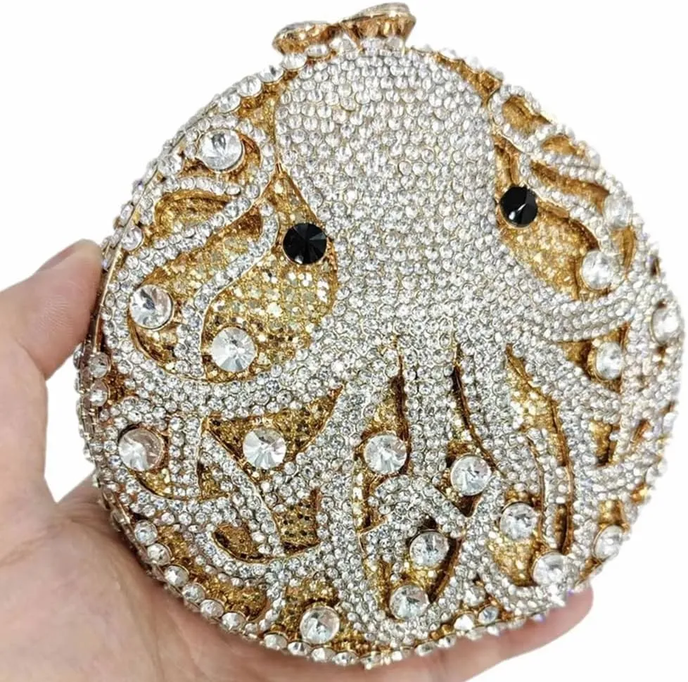 Chic Women Octopus Clutch Round Purse Mini Crystal Evening Bag Animal Diamonds Clutch for Prom Cocktail Party
