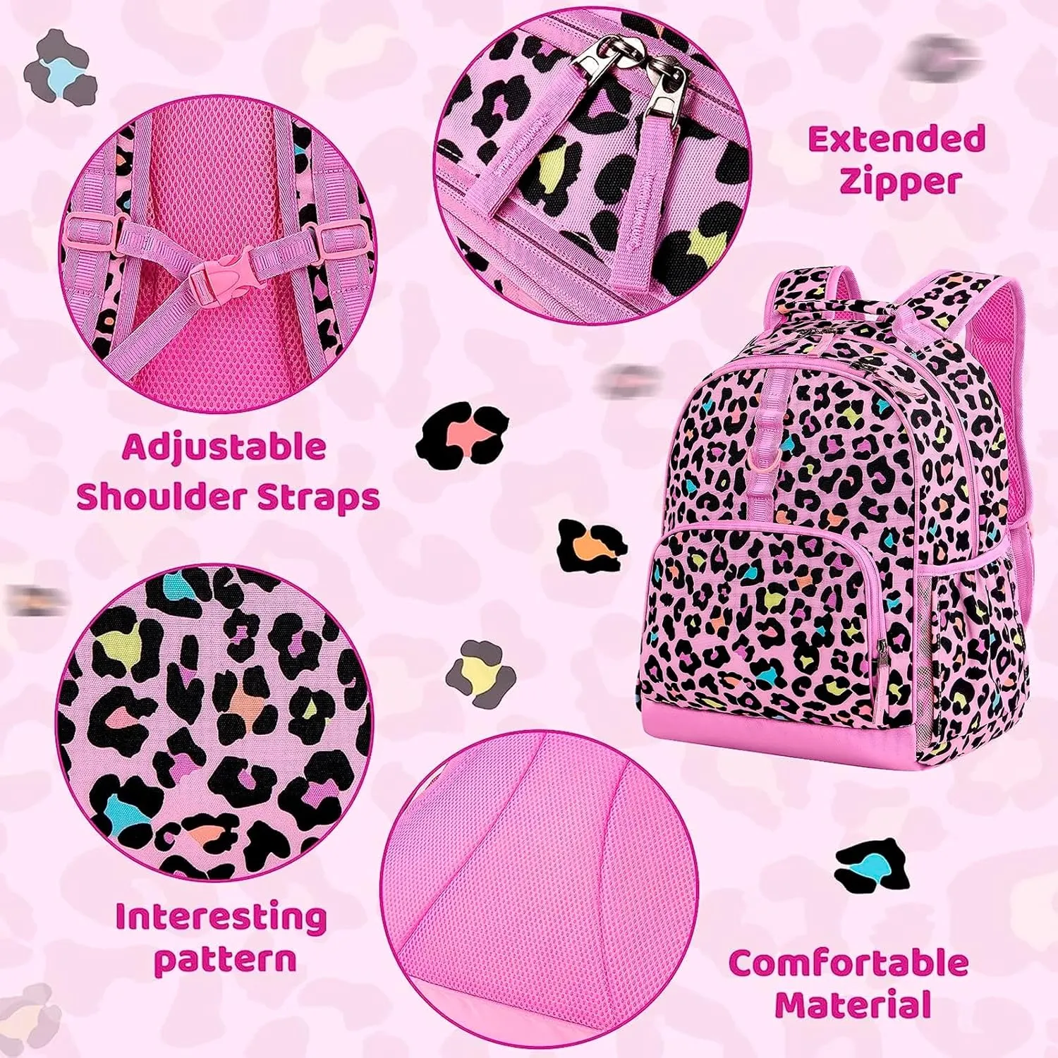 Choco Mocha Cheetah Backpack for Girls, Kindergarten Backpack for Girls Ages 4-6, Kids Preschool Bookbag Girl 15 inch, Pink