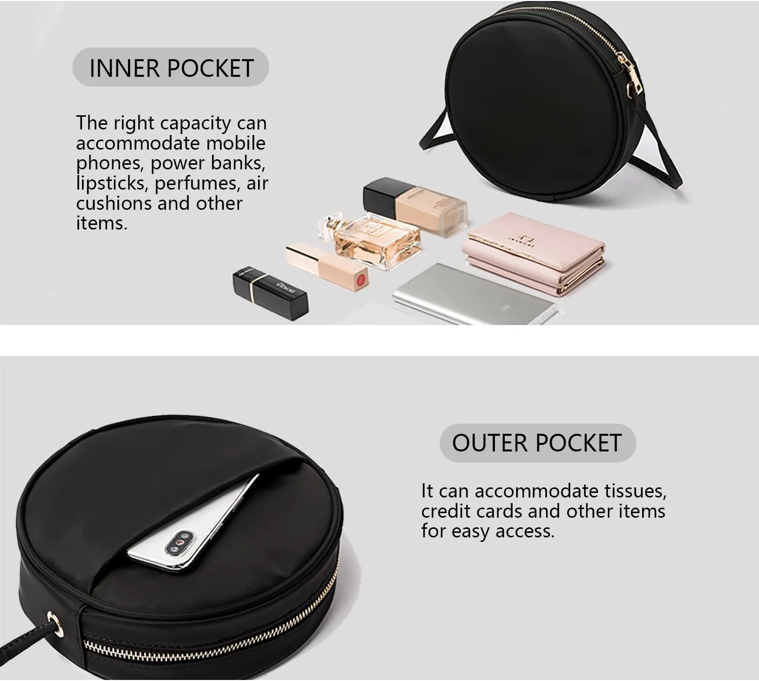 Circle Crossbody Bag for Women NYLON Circle Purse with Zipper Adjustable Knot Shoulder Straps