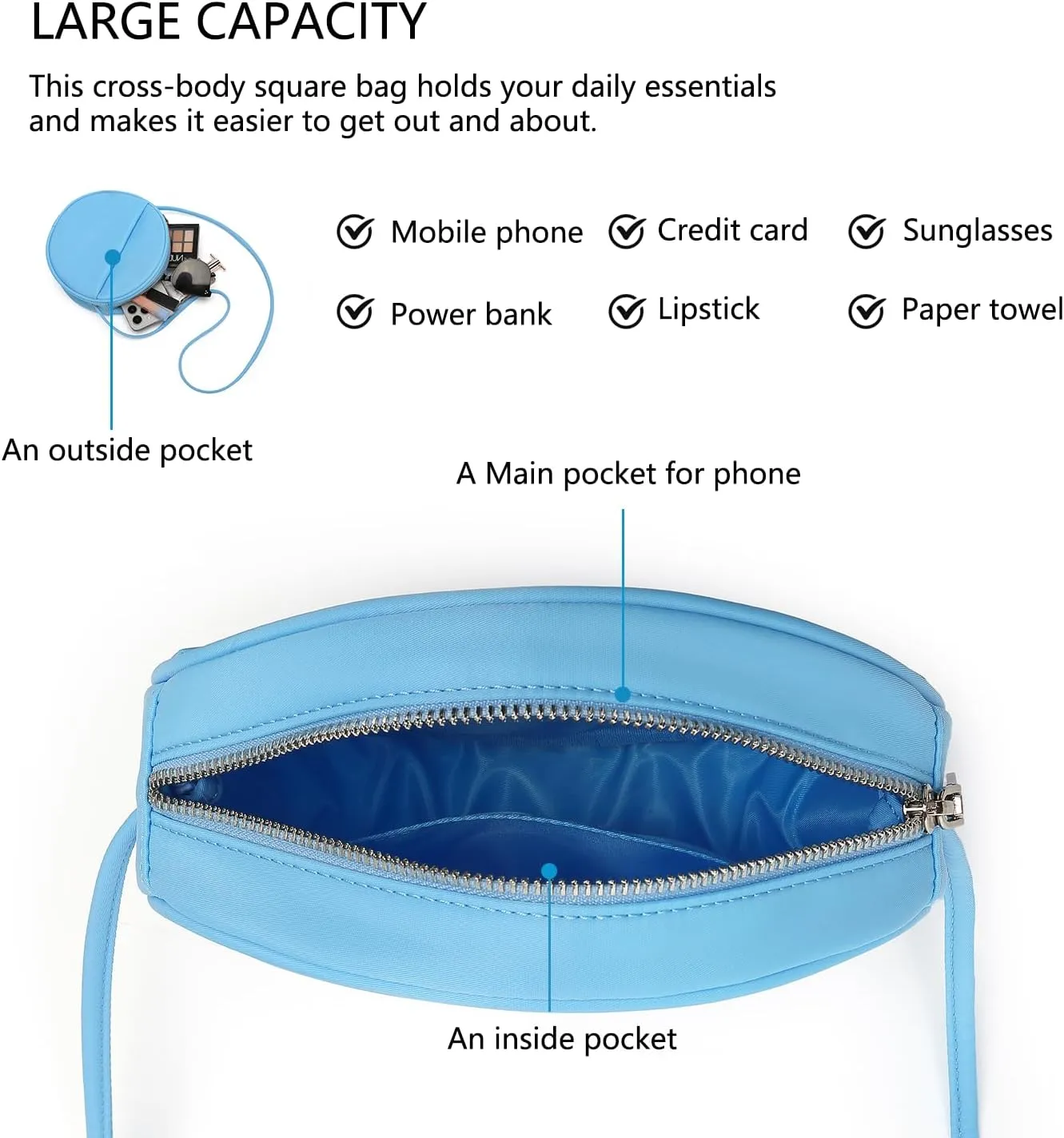 Circle Crossbody Bag for Women NYLON Circle Purse with Zipper Adjustable Knot Shoulder Straps