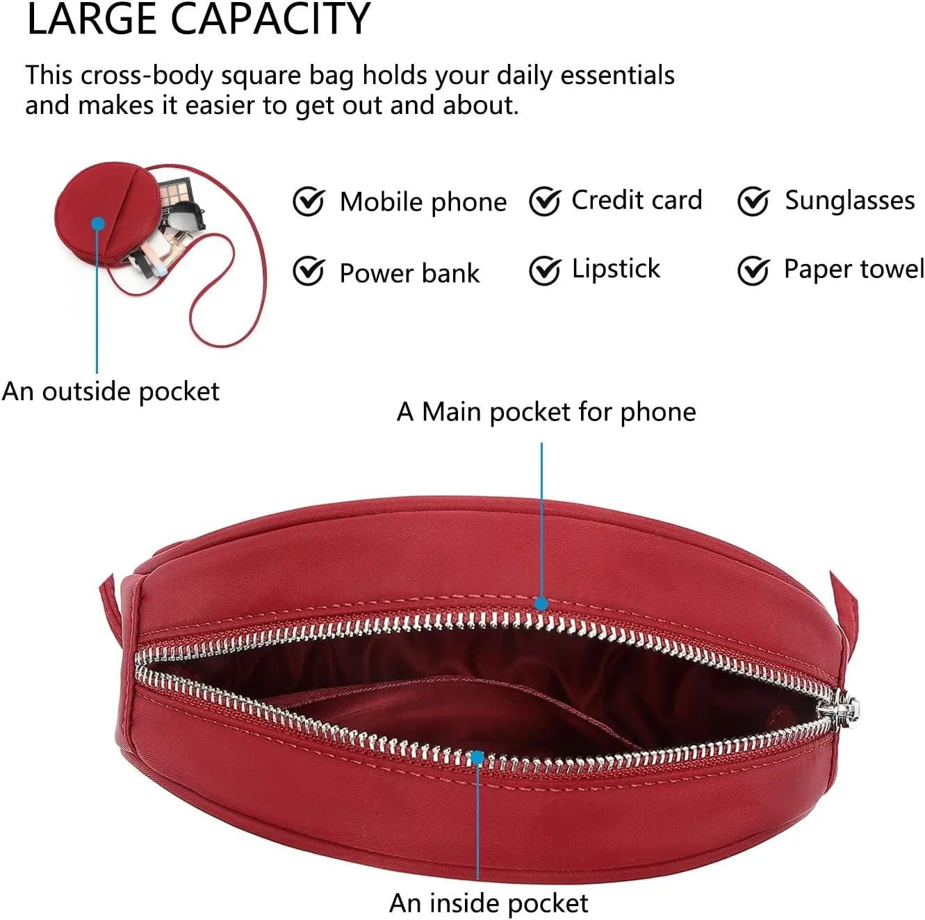 Circle Crossbody Bag for Women NYLON Circle Purse with Zipper Adjustable Knot Shoulder Straps