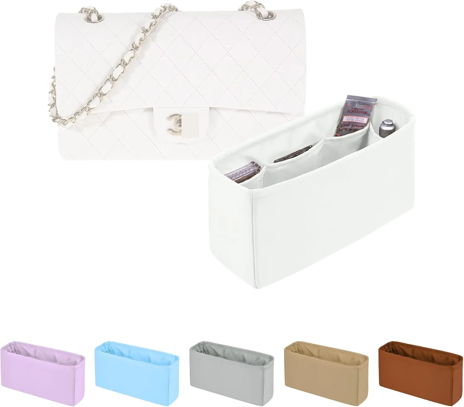 Classic Flap Bag Organizer Insert, Purse Organizer Insert Compatible with Chanel Classic Flap Medium, Lightweight Purse Divider with Pockets (Blanc, CF Medium)
