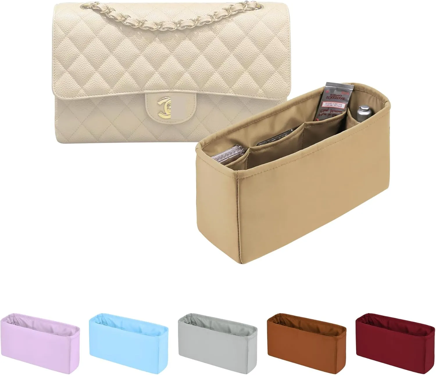 Classic Flap Bag Organizer Insert, Purse Organizer Insert Compatible with Chanel Classic Flap Medium, Lightweight Purse Divider with Pockets (Chai, CF Medium)