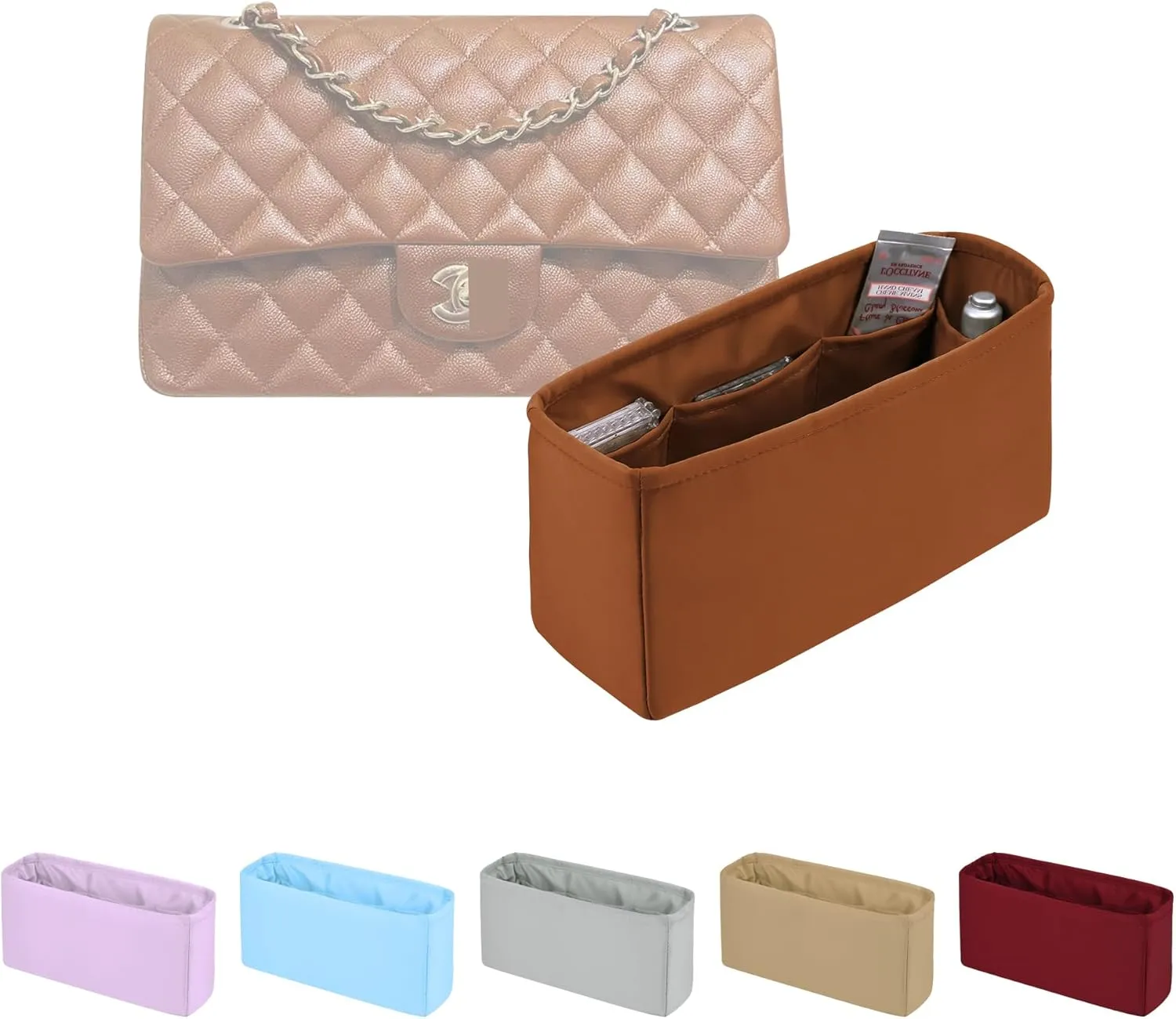 Classic Flap Bag Organizer Insert, Purse Organizer Insert Compatible with Chanel Classic Flap Mini, Lightweight Purse Divider with Pockets (Caramel, CF Mini)
